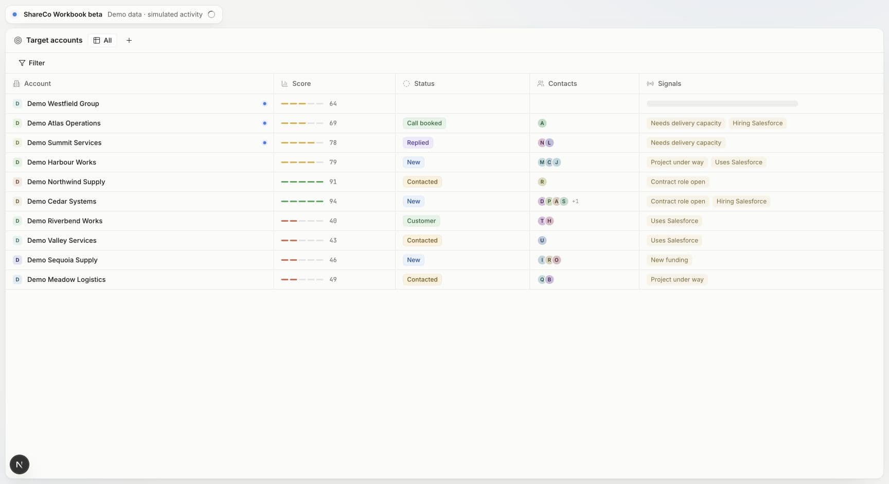 ShareCo Workbook target accounts table with labelled demo records