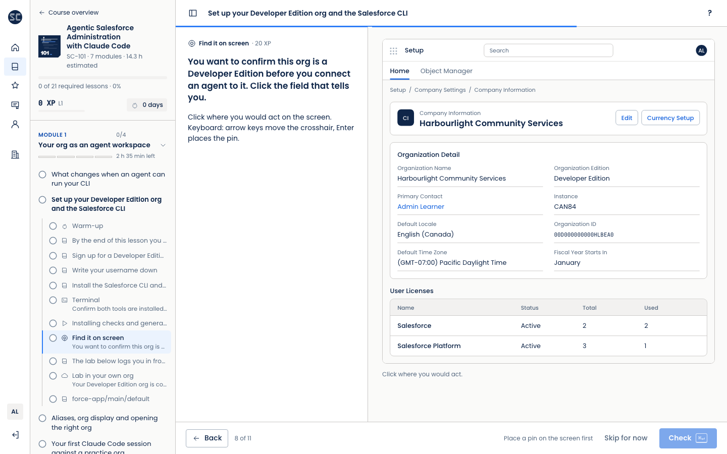 The lesson player on a graded screen task: a Salesforce Setup page for a fictional practice org, with the instruction to click the field that shows the org is a Developer Edition.